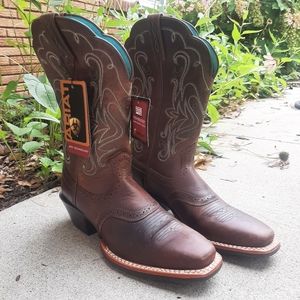NWT Ariat Size 6B Brown Leather Cowgirl Boots with Teal Accents